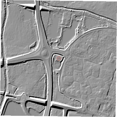 Shaded relief map of the ground around LE71BA, computed from Environment Agency LiDAR. The ground here sits at about 50 m above sea level and falls 10 m across the surrounding 800 m. Surface water reaching this point runs off ground lying to the south, 8.7 m higher.