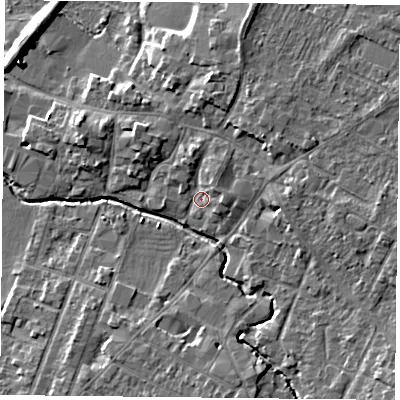 Shaded relief map of the ground around LE71BT, computed from Environment Agency LiDAR. The ground here sits at about 53 m above sea level and falls 8 m across the surrounding 800 m. Surface water reaching this point runs off ground lying to the north-north-east, 3.3 m higher.
