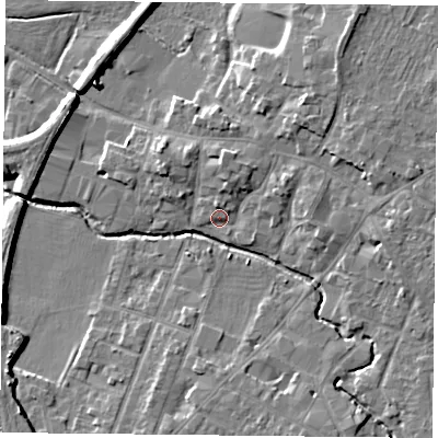 Shaded relief map of the ground around LE71FZ, computed from Environment Agency LiDAR. The ground here sits at about 52 m above sea level and falls 8 m across the surrounding 800 m. Surface water reaching this point runs off ground lying to the east-north-east, 5.0 m higher.
