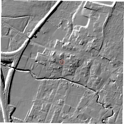 Shaded relief map of the ground around LE71GD, computed from Environment Agency LiDAR. The ground here sits at about 53 m above sea level and falls 8 m across the surrounding 800 m. Surface water reaching this point runs off ground lying to the east-north-east, 2.7 m higher.