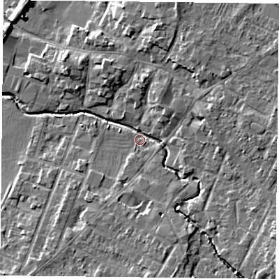 Shaded relief map of the ground around LE71GG, computed from Environment Agency LiDAR. The ground here sits at about 52 m above sea level and falls 8 m across the surrounding 800 m. Surface water reaching this point runs off ground lying to the east, 6.7 m higher.