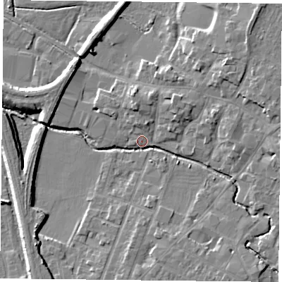 Shaded relief map of the ground around LE71GL, computed from Environment Agency LiDAR. The ground here sits at about 52 m above sea level and falls 8 m across the surrounding 800 m. Surface water reaching this point runs off ground lying to the north-east, 6.4 m higher.