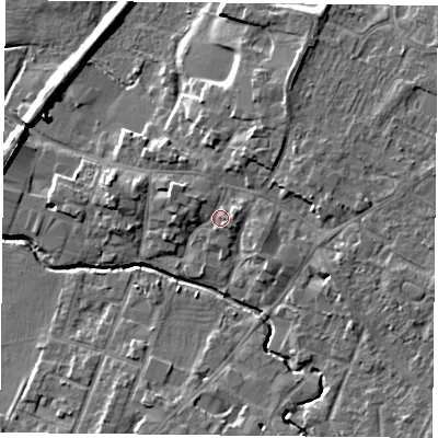 Shaded relief map of the ground around LE71GN, computed from Environment Agency LiDAR. The ground here sits at about 54 m above sea level and falls 8 m across the surrounding 800 m. Surface water reaching this point runs off ground lying to the east, 3.3 m higher.