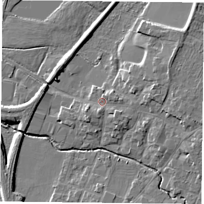 Shaded relief map of the ground around LE71GQ, computed from Environment Agency LiDAR. The ground here sits at about 53 m above sea level and falls 8 m across the surrounding 800 m. Surface water reaching this point runs off ground lying to the south-east, 2.8 m higher.
