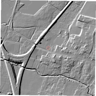 Shaded relief map of the ground around LE71GS, computed from Environment Agency LiDAR. The ground here sits at about 51 m above sea level and falls 8 m across the surrounding 800 m. Surface water reaching this point runs off ground lying to the east-south-east, 4.8 m higher.