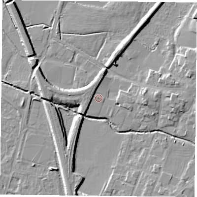 Shaded relief map of the ground around LE71GU, computed from Environment Agency LiDAR. The ground here sits at about 53 m above sea level and falls 8 m across the surrounding 800 m. Surface water reaching this point runs off ground lying to the west, 3.9 m higher.