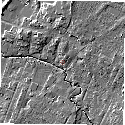 Shaded relief map of the ground around LE71GW, computed from Environment Agency LiDAR. The ground here sits at about 53 m above sea level and falls 8 m across the surrounding 800 m. Surface water reaching this point runs off ground lying to the north-north-east, 2.3 m higher.