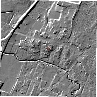 Shaded relief map of the ground around LE71GY, computed from Environment Agency LiDAR. The ground here sits at about 55 m above sea level and falls 8 m across the surrounding 800 m. Surface water reaching this point runs off ground lying to the north-north-east, 1.5 m higher.