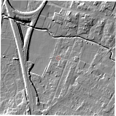 Shaded relief map of the ground around LE71HF, computed from Environment Agency LiDAR. The ground here sits at about 52 m above sea level and falls 9 m across the surrounding 800 m. Surface water reaching this point runs off ground lying to the south-south-west, 5.7 m higher.
