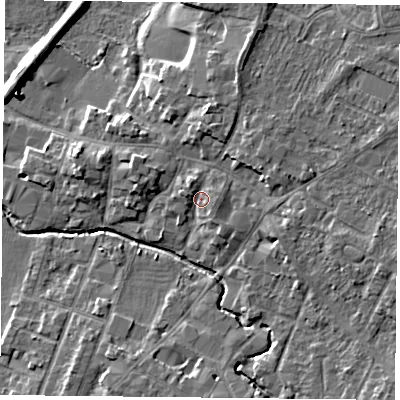Shaded relief map of the ground around LE71HN, computed from Environment Agency LiDAR. The ground here sits at about 54 m above sea level and falls 8 m across the surrounding 800 m. Surface water reaching this point runs off ground lying to the east, 2.5 m higher.