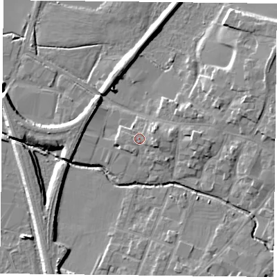 Shaded relief map of the ground around LE71HP, computed from Environment Agency LiDAR. The ground here sits at about 53 m above sea level and falls 8 m across the surrounding 800 m. Surface water reaching this point runs off ground lying to the east-south-east, 0.9 m higher.