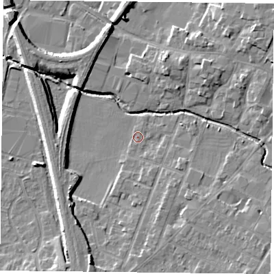Shaded relief map of the ground around LE71HT, computed from Environment Agency LiDAR. The ground here sits at about 52 m above sea level and falls 9 m across the surrounding 800 m. Surface water reaching this point runs off ground lying to the south-south-east, 3.8 m higher.