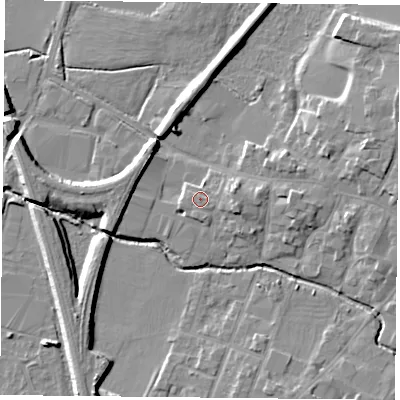 Shaded relief map of the ground around LE71HU, computed from Environment Agency LiDAR. The ground here sits at about 53 m above sea level and falls 8 m across the surrounding 800 m. Surface water reaching this point runs off ground lying to the east-south-east, 1.9 m higher.