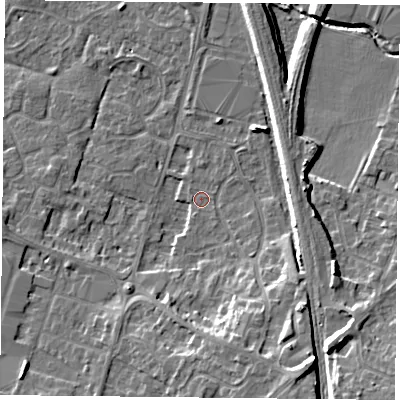 Shaded relief map of the ground around LE71HY, computed from Environment Agency LiDAR. The ground here sits at about 51 m above sea level and falls 12 m across the surrounding 800 m. Surface water reaching this point runs off ground lying to the south-east, 10.1 m higher.