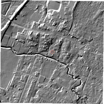 Shaded relief map of the ground around LE71LB, computed from Environment Agency LiDAR. The ground here sits at about 52 m above sea level and falls 8 m across the surrounding 800 m. Surface water reaching this point runs off ground lying to the north-east, 2.7 m higher.