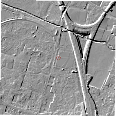 Shaded relief map of the ground around LE71NL, computed from Environment Agency LiDAR. The ground here sits at about 51 m above sea level and falls 10 m across the surrounding 800 m. The ground contributing surface water to this point lies to the south-west.