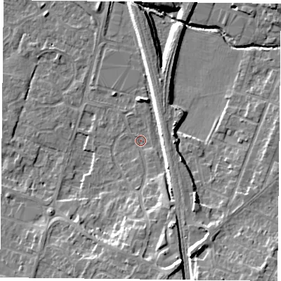 Shaded relief map of the ground around LE71NP, computed from Environment Agency LiDAR. The ground here sits at about 51 m above sea level and falls 12 m across the surrounding 800 m. Surface water reaching this point runs off ground lying to the south-south-east, 10.0 m higher.