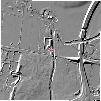 Shaded relief map of the ground around LE71NR, computed from Environment Agency LiDAR. The ground here sits at about 49 m above sea level and falls 10 m across the surrounding 800 m. Surface water reaching this point runs off ground lying to the east-south-east, 9.3 m higher.