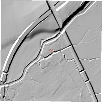 Shaded relief map of the ground around LE71NS, computed from Environment Agency LiDAR. The ground here sits at about 50 m above sea level and falls 18 m across the surrounding 800 m. Surface water reaching this point runs off ground lying to the south-east, 7.9 m higher.