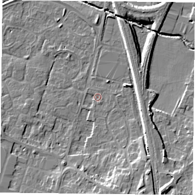 Shaded relief map of the ground around LE71NU, computed from Environment Agency LiDAR. The ground here sits at about 51 m above sea level and falls 12 m across the surrounding 800 m. Surface water reaching this point runs off ground lying to the south-south-east, 1.4 m higher.