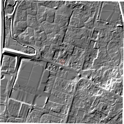 Shaded relief map of the ground around LE71PB, computed from Environment Agency LiDAR. The ground here sits at about 51 m above sea level and falls 9 m across the surrounding 800 m. Surface water reaching this point runs off ground lying to the south-east, 6.7 m higher.