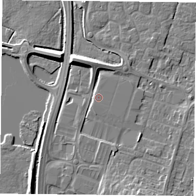 Shaded relief map of the ground around LE71PD, computed from Environment Agency LiDAR. The ground here sits at about 52 m above sea level and falls 10 m across the surrounding 800 m. Surface water reaching this point runs off ground lying to the south-south-east, 6.9 m higher.