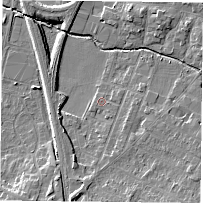 Shaded relief map of the ground around LE71PH, computed from Environment Agency LiDAR. The ground here sits at about 53 m above sea level and falls 12 m across the surrounding 800 m. Surface water reaching this point runs off ground lying to the south, 2.4 m higher.