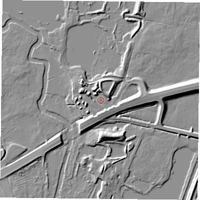 Shaded relief map of the ground around LE71PN, computed from Environment Agency LiDAR. The ground here sits at about 49 m above sea level and falls 9 m across the surrounding 800 m. Surface water reaching this point runs off ground lying to the north-north-west, 3.5 m higher.