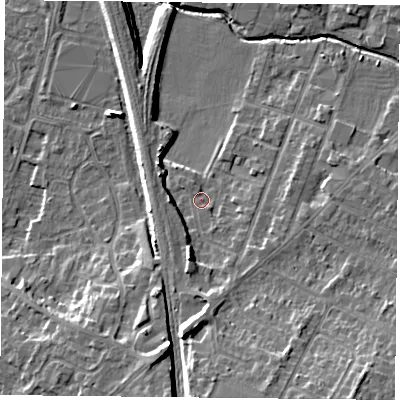 Shaded relief map of the ground around LE71UR, computed from Environment Agency LiDAR. The ground here sits at about 53 m above sea level and falls 12 m across the surrounding 800 m. Surface water reaching this point runs off ground lying to the south, 5.2 m higher.