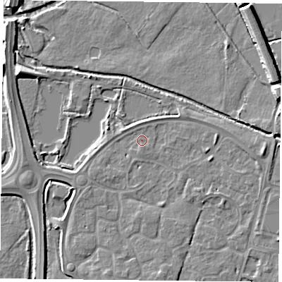 Shaded relief map of the ground around LE71XA, computed from Environment Agency LiDAR. The ground here sits at about 50 m above sea level and falls 8 m across the surrounding 800 m. Surface water reaching this point runs off ground lying to the east, 3.1 m higher.