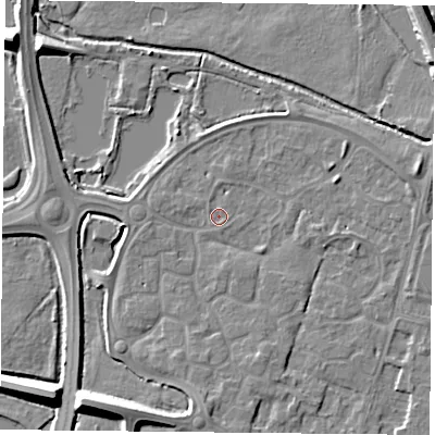 Shaded relief map of the ground around LE71YA, computed from Environment Agency LiDAR. The ground here sits at about 50 m above sea level and falls 10 m across the surrounding 800 m. Surface water reaching this point runs off ground lying to the south, 3.5 m higher.