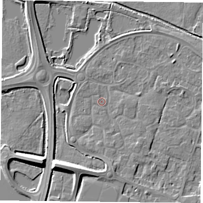 Shaded relief map of the ground around LE71YE, computed from Environment Agency LiDAR. The ground here sits at about 50 m above sea level and falls 9 m across the surrounding 800 m. Surface water reaching this point runs off ground lying to the south, 3.2 m higher.