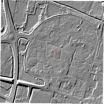 Shaded relief map of the ground around LE71YF, computed from Environment Agency LiDAR. The ground here sits at about 51 m above sea level and falls 9 m across the surrounding 800 m. The ground contributing surface water to this point lies to the east-south-east.