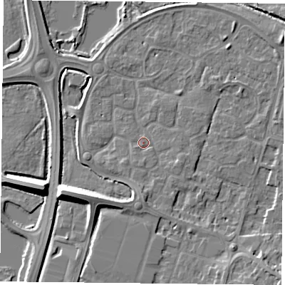 Shaded relief map of the ground around LE71YG, computed from Environment Agency LiDAR. The ground here sits at about 51 m above sea level and falls 9 m across the surrounding 800 m. Surface water reaching this point runs off ground lying to the south, 1.1 m higher.