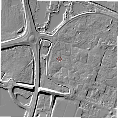 Shaded relief map of the ground around LE71YJ, computed from Environment Agency LiDAR. The ground here sits at about 50 m above sea level and falls 10 m across the surrounding 800 m. Surface water reaching this point runs off ground lying to the south-south-east, 2.8 m higher.
