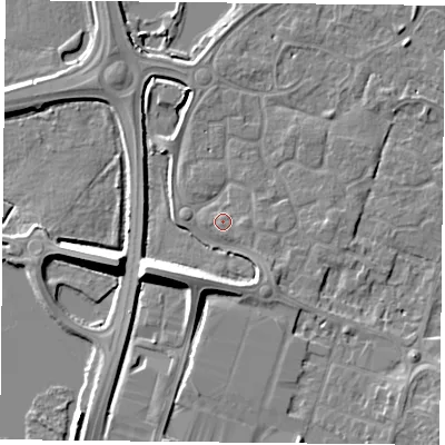 Shaded relief map of the ground around LE71YP, computed from Environment Agency LiDAR. The ground here sits at about 51 m above sea level and falls 10 m across the surrounding 800 m. Surface water reaching this point runs off ground lying to the east, 1.0 m higher.
