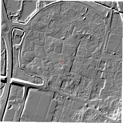 Shaded relief map of the ground around LE71YS, computed from Environment Agency LiDAR. The ground here sits at about 51 m above sea level and falls 9 m across the surrounding 800 m. Surface water reaching this point runs off ground lying to the south, 1.2 m higher.