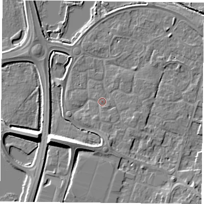 Shaded relief map of the ground around LE71YU, computed from Environment Agency LiDAR. The ground here sits at about 51 m above sea level and falls 9 m across the surrounding 800 m. Surface water reaching this point runs off ground lying to the south, 1.2 m higher.