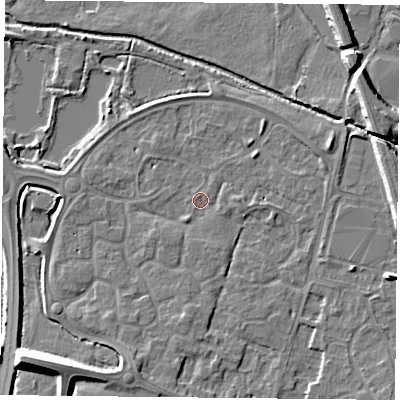 Shaded relief map of the ground around LE71YW, computed from Environment Agency LiDAR. The ground here sits at about 50 m above sea level and falls 10 m across the surrounding 800 m. Surface water reaching this point runs off ground lying to the east-south-east, 3.7 m higher.