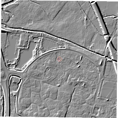 Shaded relief map of the ground around LE71YX, computed from Environment Agency LiDAR. The ground here sits at about 50 m above sea level and falls 8 m across the surrounding 800 m. Surface water reaching this point runs off ground lying to the east, 3.1 m higher.