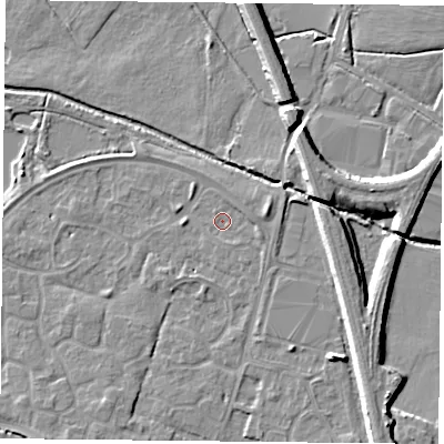 Shaded relief map of the ground around LE71ZH, computed from Environment Agency LiDAR. The ground here sits at about 50 m above sea level and falls 8 m across the surrounding 800 m. Surface water reaching this point runs off ground lying to the east, 1.3 m higher.