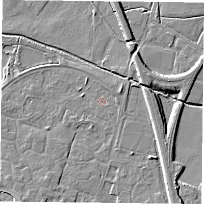 Shaded relief map of the ground around LE71ZL, computed from Environment Agency LiDAR. The ground here sits at about 50 m above sea level and falls 8 m across the surrounding 800 m. Surface water reaching this point runs off ground lying to the north-east, 1.3 m higher.