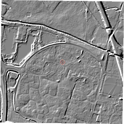Shaded relief map of the ground around LE71ZN, computed from Environment Agency LiDAR. The ground here sits at about 50 m above sea level and falls 8 m across the surrounding 800 m. Surface water reaching this point runs off ground lying to the east-south-east, 3.9 m higher.