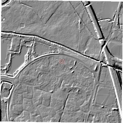 Shaded relief map of the ground around LE71ZP, computed from Environment Agency LiDAR. The ground here sits at about 50 m above sea level and falls 8 m across the surrounding 800 m. Surface water reaching this point runs off ground lying to the south-east, 4.0 m higher.