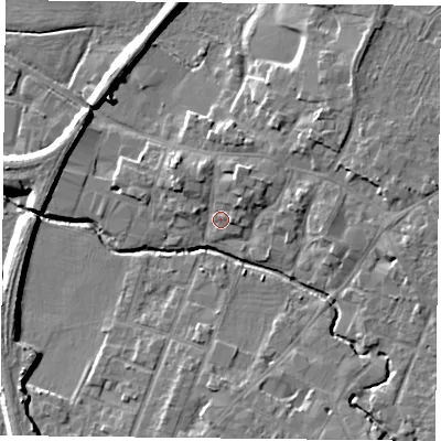 Shaded relief map of the ground around LE71ZQ, computed from Environment Agency LiDAR. The ground here sits at about 53 m above sea level and falls 8 m across the surrounding 800 m. Surface water reaching this point runs off ground lying to the north-north-east, 3.5 m higher.
