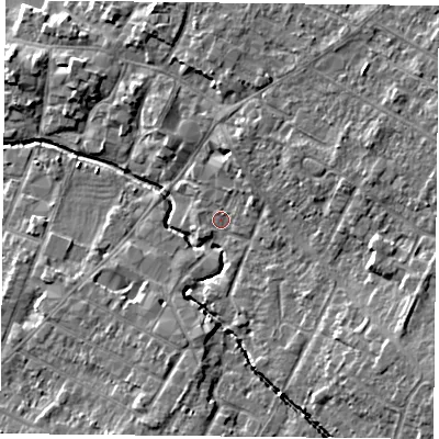 Shaded relief map of the ground around LE72AB, computed from Environment Agency LiDAR. The ground here sits at about 54 m above sea level and falls 9 m across the surrounding 800 m. Surface water reaching this point runs off ground lying to the east-south-east, 5.4 m higher.