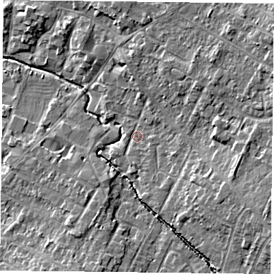 Shaded relief map of the ground around LE72AD, computed from Environment Agency LiDAR. The ground here sits at about 54 m above sea level and falls 10 m across the surrounding 800 m. Surface water reaching this point runs off ground lying to the east-south-east, 5.1 m higher.