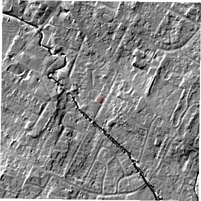 Shaded relief map of the ground around LE72AQ, computed from Environment Agency LiDAR. The ground here sits at about 55 m above sea level and falls 11 m across the surrounding 800 m. Surface water reaching this point runs off ground lying to the east-south-east, 4.4 m higher.