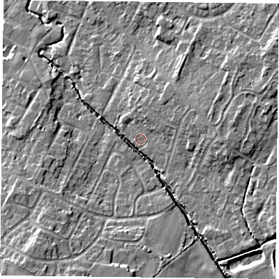 Shaded relief map of the ground around LE72AR, computed from Environment Agency LiDAR. The ground here sits at about 56 m above sea level and falls 12 m across the surrounding 800 m. Surface water reaching this point runs off ground lying to the south, 7.5 m higher.