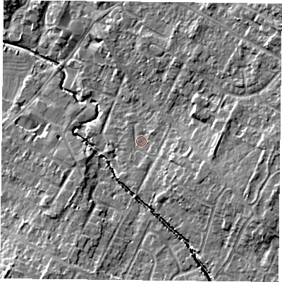 Shaded relief map of the ground around LE72AY, computed from Environment Agency LiDAR. The ground here sits at about 54 m above sea level and falls 10 m across the surrounding 800 m. Surface water reaching this point runs off ground lying to the east-south-east, 4.5 m higher.